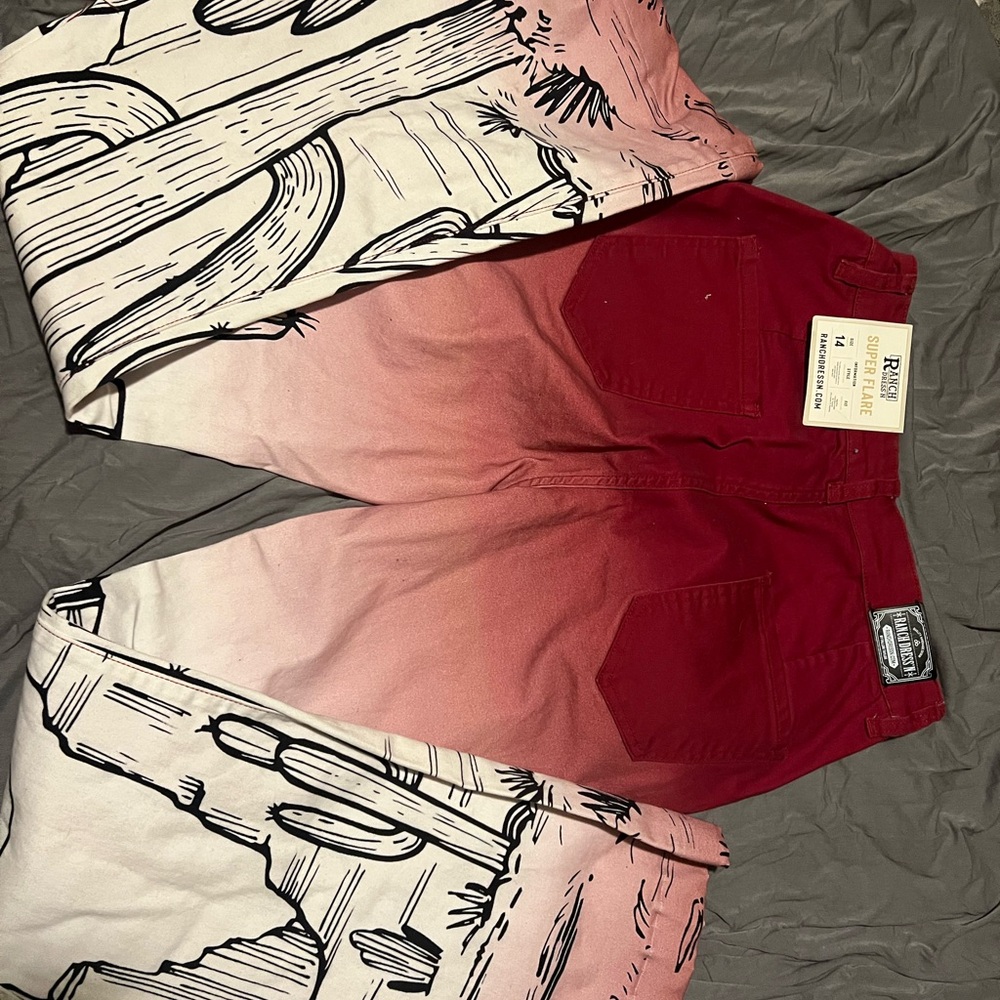 Red and White Gradient Jeans with Cactus Print